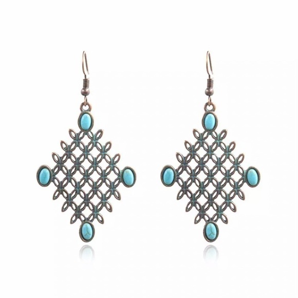 Vintage Style Bronze & Blue Tone Diamond Shaped Earrings - Picture 3 of 7